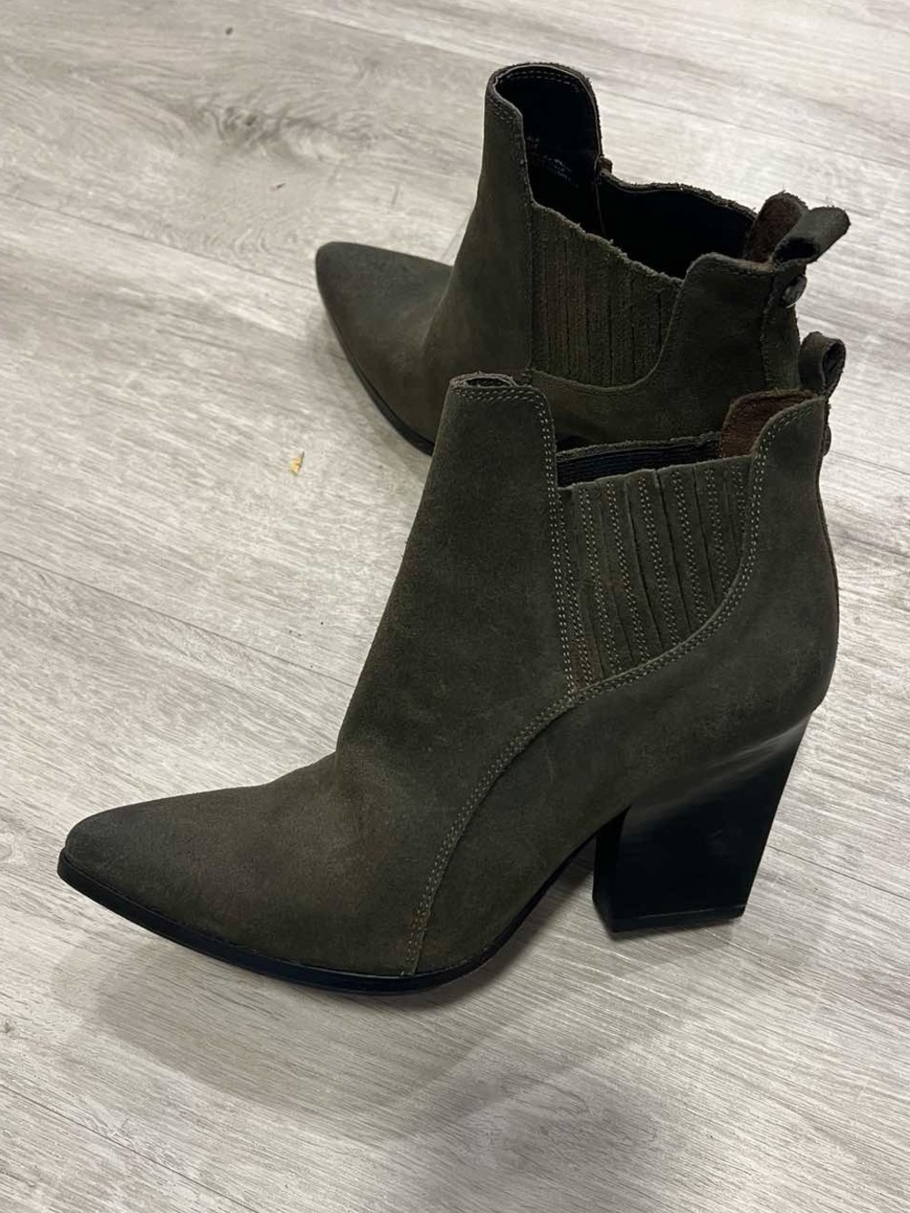 Pointed Toe Suede Ankle Booties in Dark Olive